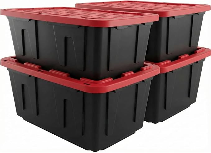 27 Gal Industrial Tote,4 Pack Large Storage Bin,Black with Red Lid Plastic Storage Container Stackable & Nestable Heavy Duty Storage Totes, Suitable for Garages, Basements or Outdoors (4 Pack)