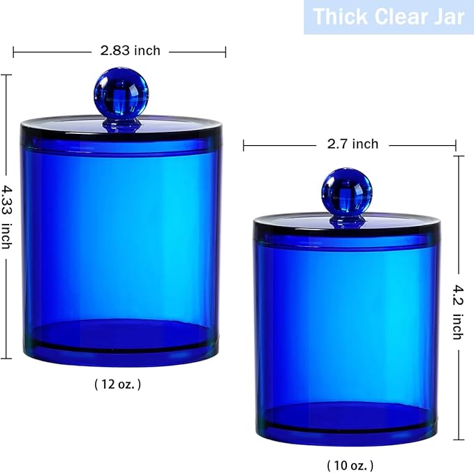SheeChung 6-Pack Blue Acrylic Apothecary Jars - (3) 12oz & (3) 10oz Qtip Holder Set with Labels - Shatterproof Bathroom Vanity Organizer for Cotton Swabs, Balls, Pads - Coastal Decor
