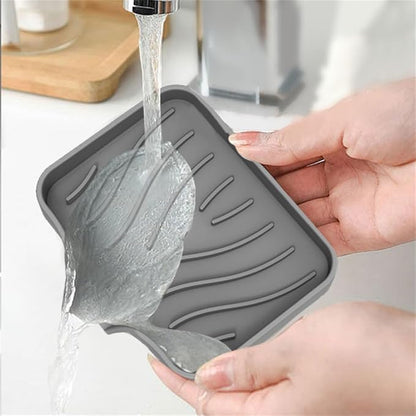 1 Pack Silicone Soap Dish with Drain, Kitchen Sink Sponge Holder, Self Draining Bar Soap Holder for Shower Bathroom Kitchen Counter Sink, Keep Soap Dry, Easy to Clean, Grey