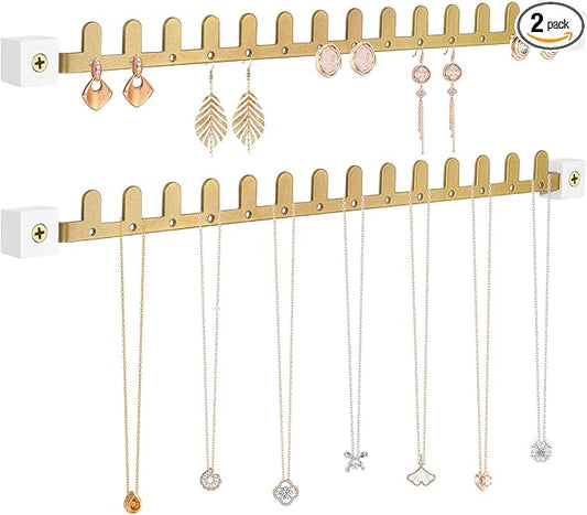 Wall Necklace Holder Hanging Jewelry Organizer 2 Pack Metal Necklace Organizer, Space-saving Jewelry Display for Necklaces & Earrings，Gold，Screws Included