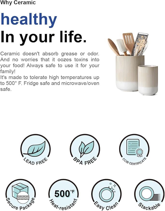 LE TAUCI Utensil Holder for Kitchen Counter, 7.3"+5.4" Fluted Ceramic Utensil Crock Organizer for Countertop, Heavy Large Holder for Spatulas, Spoons, Set of 2, Warm White Glaze