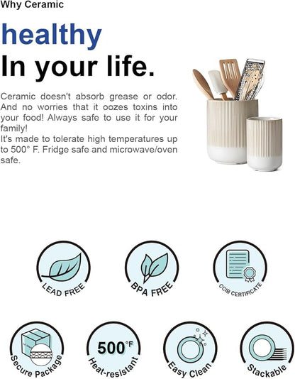 LE TAUCI Utensil Holder for Kitchen Counter, 7.3"+5.4" Fluted Ceramic Utensil Crock Organizer for Countertop, Heavy Large Holder for Spatulas, Spoons, Set of 2, Warm White Glaze