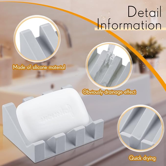Cunhill 2 Pieces Silicone Soap Dish Self Draining Soap Dish Shower Waterfall Bar Soap Holder Tray with Drain Soap Saver for Kitchen Bathroom Accessories (Light Grey)