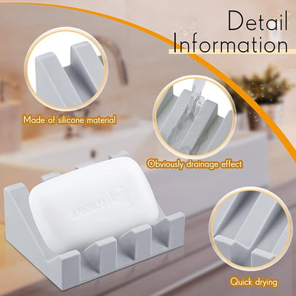 Cunhill 2 Pieces Silicone Soap Dish Self Draining Soap Dish Shower Waterfall Bar Soap Holder Tray with Drain Soap Saver for Kitchen Bathroom Accessories (Light Grey)