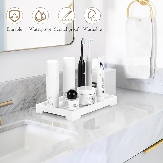 Luxspire Resin Vanity Tray, Bathroom Toilet Tank Storage Tray, 10.03 x 5.9 in Kitchen Sink Trays Decorative Serving Tray, Vanity Countertop Organizer for Makeup Towel Perfume Holder, M, White Marble