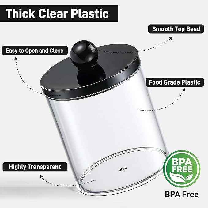6 Pack Acrylic Qtip Holder Dispenser for Cotton Swabs, Balls, Pads, Floss - Plastic Canister Apothecary Jar Set, Bathroom Essentials Accessories Decor Vanity Makeup Storage Organizer - Clear & Black