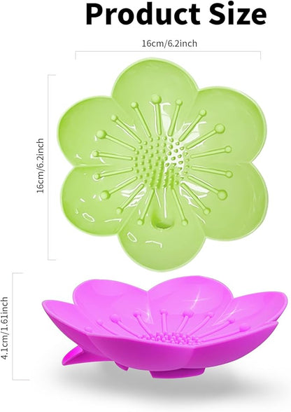 Soap Dishes 2 Pack Self Draining XL Bar Shower Steamer Holder Tray, Silicone Flexible Flower Soap Saver for Counter Bathtub Sink Bathroom Decor with Drainage Mirror Surface Easy Clean Green/Rose Pink