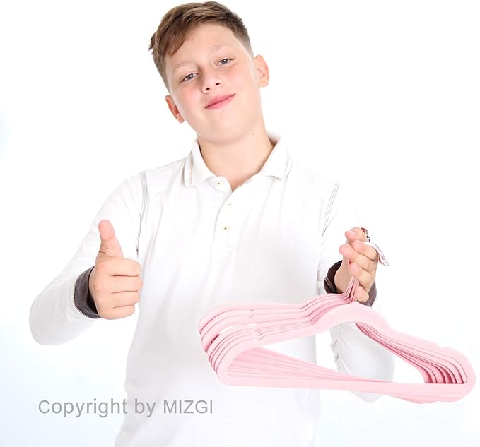 MIZGI Kids Velvet Hangers,Non-Slip Big Kids Hangers,14 Inch Hangers for Youth,Teen Clothes,Pack of 50（Pink/Rosegold）