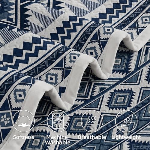 akkialla Reversible Blue Boho Queen Quilt Set, 2-Piece Bohemian Aztec Microfiber Bedspread, Soft Lightweight All-Season Coverlet (1 Quilt, 2 Shams) - Image 7