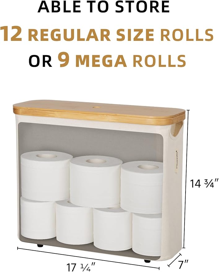 StorageWorks Toilet Paper Storage with Bamboo Lid, Toilet Paper Holder Basket for Up to 9 Mega or 12 Regular Size Rolls, Medium Paper Storage Baskets for Bathroom, Beige, 1 Pack