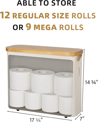 StorageWorks Toilet Paper Storage with Bamboo Lid, Toilet Paper Holder Basket for Up to 9 Mega or 12 Regular Size Rolls, Medium Paper Storage Baskets for Bathroom, Beige, 1 Pack
