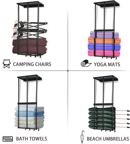 Camping Chair Rack for Garage Storage, Metal Camping Chair Storage Wall Mount Beach Chair Umbrella Storage Holder with 4 Hooks for Garage Organizer