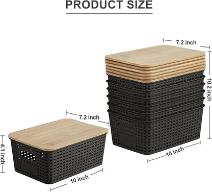 Bagnizer Small Plastic Storage Bins with Bamboo Lids 5.2qt Stackable Box Basket Pantry Decorative Containers Cute with Lable for Organizing Desktop Closet Office Black of 6 packs 10 * 7.2 * 4.1"