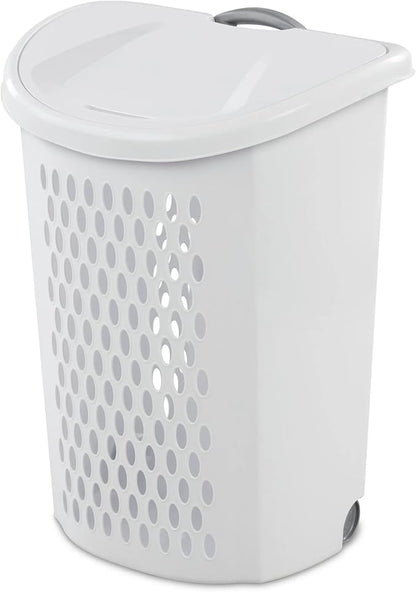 Plastic Laundry Hamper with Wheels and Handle - White Rolling Clothes Hamper Basket with Lid for Easy Transport and Storage