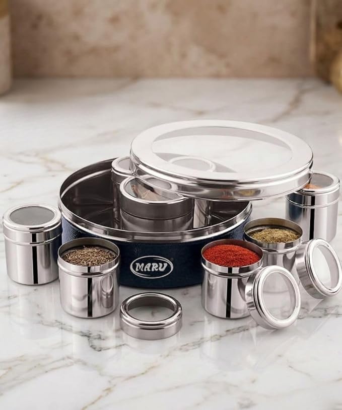 MARU Stainless Steel 8 in Masala Dabba - Authentic Indian Spice Box Set for Kitchen, Spice Rack Container Indian Masala Spice Boxes, See Through Lid 8 Containers, 3 Spoons (20.5Cms) (Blue)