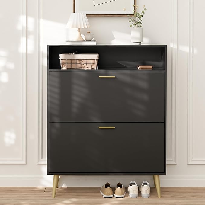 LYNSOM Shoe Cabinet, Free Standing Tipping Bucket Shoe Rack Organizer with 2 Flip Drawers, Modern Entryway Shoe Storage with Top Display, Narrow Slim Hidden Shoe Cabinet (Black)