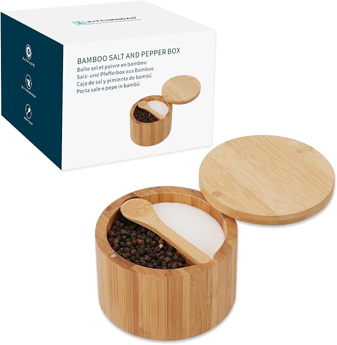 KITCHENDAO Bamboo Salt and Pepper Bowl Box Cellar, Built-in Spoon, Two Compartments Spice Seasoning Container, Sea Salt Cellar Holder, Magnetic Swivel Lid, Dual 5oz Capacity