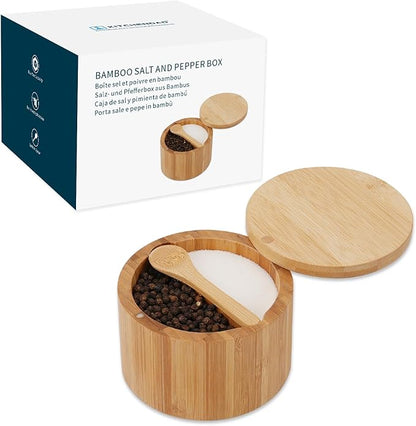 KITCHENDAO Bamboo Salt and Pepper Bowl Box Cellar, Built-in Spoon, Two Compartments Spice Seasoning Container, Sea Salt Cellar Holder, Magnetic Swivel Lid, Dual 5oz Capacity
