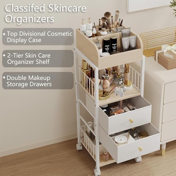 Floor Makeup Organizer Storage Cart - Rolling Makeup Cart with Drawers, Skincare Make Up Organizers and Storage, Cosmetics Display Cases Holder for Skin Care Nail Polish Perfume Makeup Brush (White)