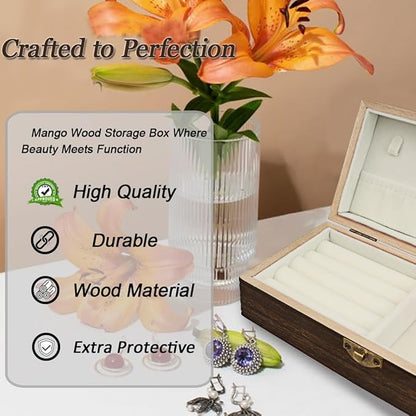 Handmade Wood Jewelry Box - Stylish Wood Travel Organizer for Women & Men, Unique Gift Ideas for Rings, Earrings, Necklaces & Bracelets, Flame Work Finish （Brown）