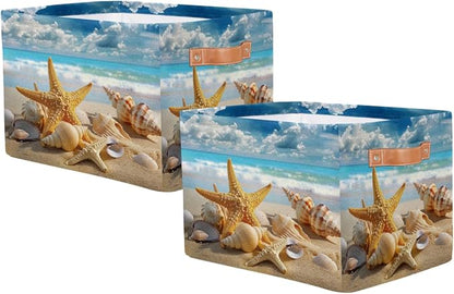 AUUXVA Storage Basket Sea Ocean Beach Starfish Shell Storage Cube Box Durable Canvas Collapsible Toy Basket Organizer Bin with Handles for Shelf Closet Bedroom Home Office