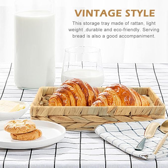 Wicker & Rattan Serving Tray - 10" Rectangle Bathroom Vanity Tray with Storage for Paper Hand Towels