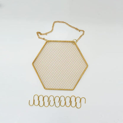 1PC Hexagon Metal Grid Display Rack Wall Mounted Storage Holder Organizer Earrings Necklaces Bracelets Jewelry Display Rack with Hanging Hook for Store, Showcase, Trade Show and Home Use, Gold
