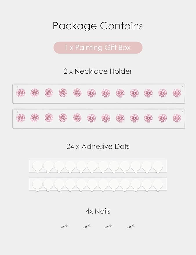 Heesch Necklace Holder Pink, Acrylic Necklace Hanger Wall Mount, Hanging Necklace Organizer, Jewelry Hooks for Necklaces, Bracelets, Chains (2-pack Pink)