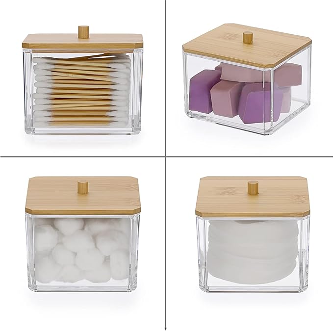 Hipiwe Acrylic Qtip Holder 2 Pack Cotton Swab and Ball Organizer with Lid Bathroom Q-tip Dispenser Clear Acrylic Apothecary Jar for Cotton Pads, Swabs, Balls, Storage Containers for Organizing