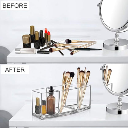 Clear Makeup Brush Organizer, Premium Acrylic Makeup Brush Holder Organizer 3 Compartments, Makeup Brush Display Holder Cosmetic Storage
