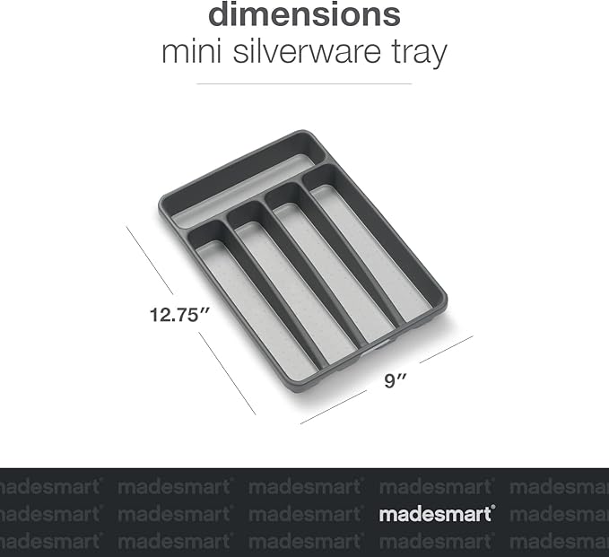 madesmart Small Silverware Tray, 5 Compartment Flatware Organizer for Forks, Knives & Spoons, Non Slip, Soft Grip Lining, Fits Small Drawers, Granite