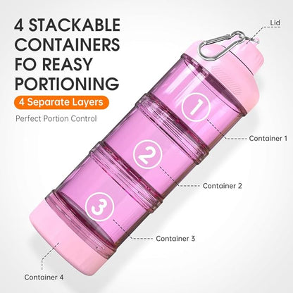 BYLWORKOUT 3-Layer Protein Powder Travel Container with Funnel and Keychain | Portable Food Storage Organizer for Gym, Fitness, Kitchen, Camping, Hiking, and Travel (Pink)
