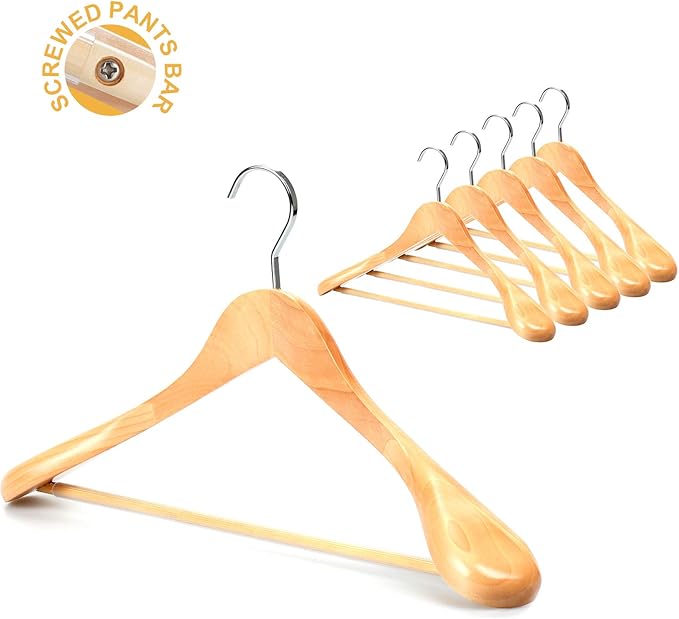 TOPIA HANGER Set of 6 Luxury Natural Wooden Coat Hangers, Premium Wood Suit Hangers, Glossy Finish with Extra-Wide Shoulder, Thicker Chrome Hooks & Anti-Slip Bar CT02N