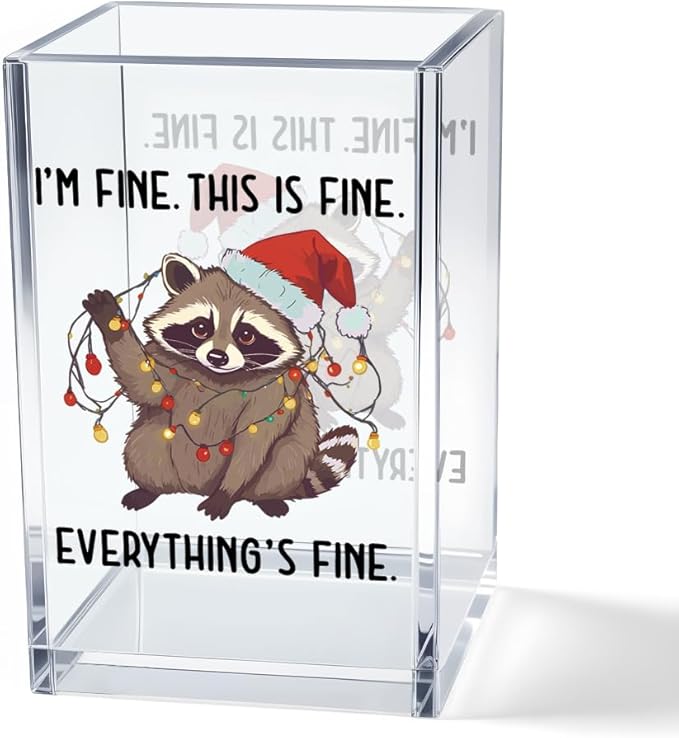I'm Fine This Is Fine Acrylic Cosmetic Pencil Pen Holder Cup, Funny Raccoon Christmas Pen Holder Cup, Raccoon Lover Gifts for Women Men, Office Sarcastic Gifts for Women Men Colleague Boss