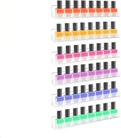 ROYALITA 6-Pack Acrylic Shelves - Nail Polish Organizer Wall Mounted Shelves, Nail Polish Rack with Removable Anti-Slip End Inserts, Nail Polish Holder for Bottles Nail Polish Display & Storage Shelf