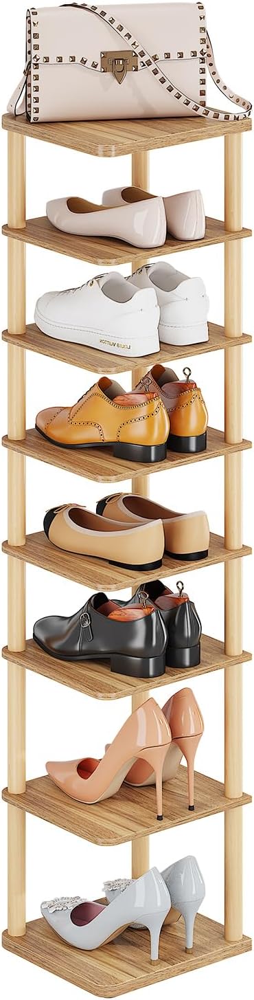LUCKNOCK Vertical Shoe Rack, 8-Tier Tall Narrow Shoe Organizer for Entryway, Closet, Dorm & Small Spaces, Freestanding Wooden Shoe Shelf Tower for Boots, Sneakers, Heels. (Walnut)