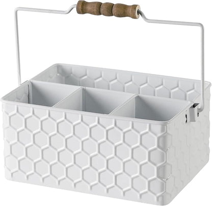 Silverware Caddy for Party Kitchen Flatware Holder for Countertop Metal White Honeycomb Pattern Embossed Cutlery Organizer with 4 Compartments for Utensils, Spoons, Knives, Forks