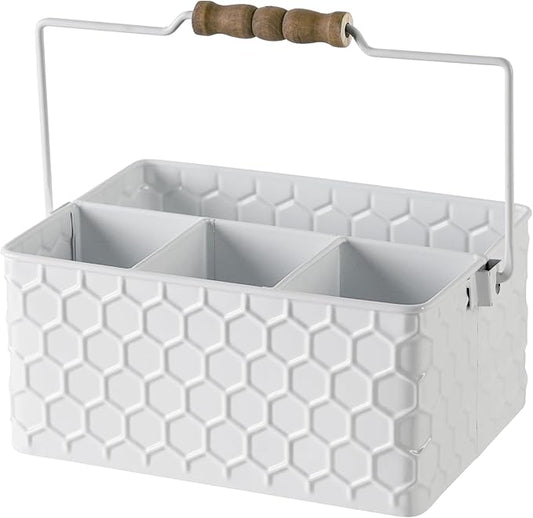 Silverware Caddy for Party Kitchen Flatware Holder for Countertop Metal White Honeycomb Pattern Embossed Cutlery Organizer with 4 Compartments for Utensils, Spoons, Knives, Forks