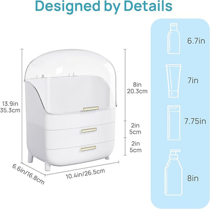 Vtopmart 3-Tier Skincare Makeup Organizer with Drawers and Lid for Vanity and Bathroom Countertop, Large Cosmetic Storage Box Case for Dresser, with Non-Slip Base