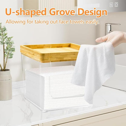 GRETJOB Disposable Face Towel Holder Box, Acrylic Facial Container for XL Clean Skin Club, Large Storage With Bamboo Lid Towel Organizer Container for Bathroom, Vanity Makeup, Clear