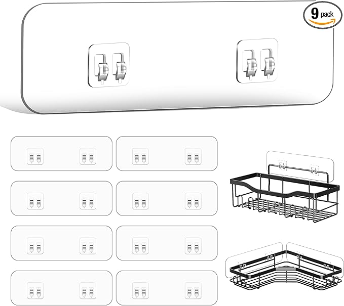 9-Pack Shower Caddy Adhesive Replacement, Transparent Adhesive Hooks Stickers, Strong Hook Strip for Shower Caddy Basket Shelf, Soap Holder, Bathroom Storage Corner Shelves, Kitchen Racks