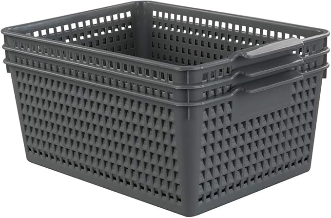 Ggbin Plastic Basket for Organizing, Grey Basket Bins, 13.8"x10.2"x5.7", Set of 3