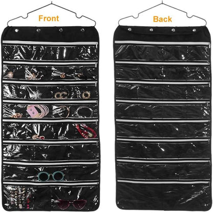 56 Pockets Large Zippered Dual Sided Jewelry Hanging Organizer Necklace Earrings Bracelets Rings Accessories Storage Bag Wall Mounted Door Cabinet Hanger Holder Clear Pouch Display Foldable