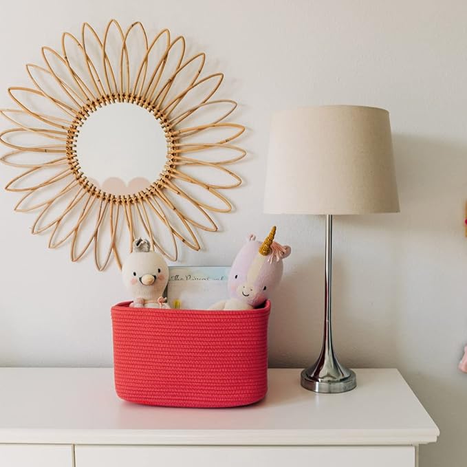 Coral Rainbow Cotton Rope Basket for Shelf Storage - 15"×10"×9½" - Colorful Decorative Basket for Kids - Nursery, Playroom, Classroom - Toy Storage, Books, Towels