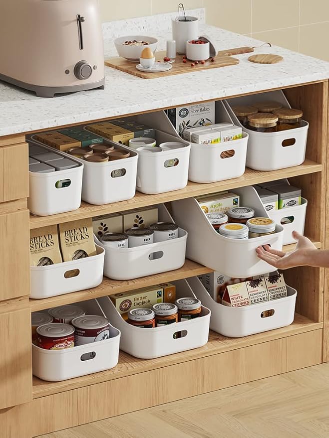 White Plastic Bins/Storage Organizers - Pantry Baskets, Bins for Shelves, Organizer and Storage for Bathroom, Bedrooms, Kitchens and More - Small Size (9 Pack)