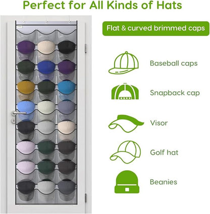 Baseball Hat Rack, 27 Pocket Over-The-Door Hat Organizer with Clear Deep Pockets to Display Baseball Caps Collection, Complete with 3 Over Door Hooks (Grey, 27 Pockets)