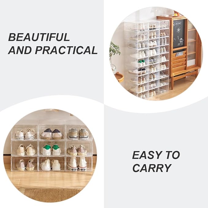 6Pcs Stackable Transparent Plastic Shoe Storage Boxes with Front-opening Drawer Design Breathable Sneaker Organizer for Home Closet Dustproof and Odorless Shoe Containers