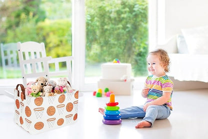 Rectangular Baketball Baskets,Kids Basket for Boy.Waterproof PE Coating Cute Basket with Handles.Boys Bin,Toys Box,Books Bins. (Basketball)