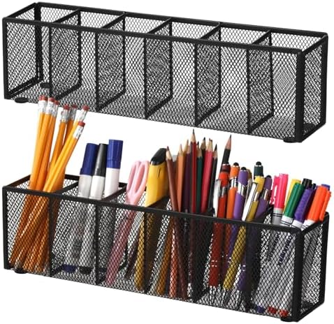 2 Pcs Metal Mesh Pen Holder, 6 Compartments Pencil Caddy, Large Capacity Desk Organizer with Anti-Slip Pads, Desktop Stationery Storage Box for Home, Office by Toyosport