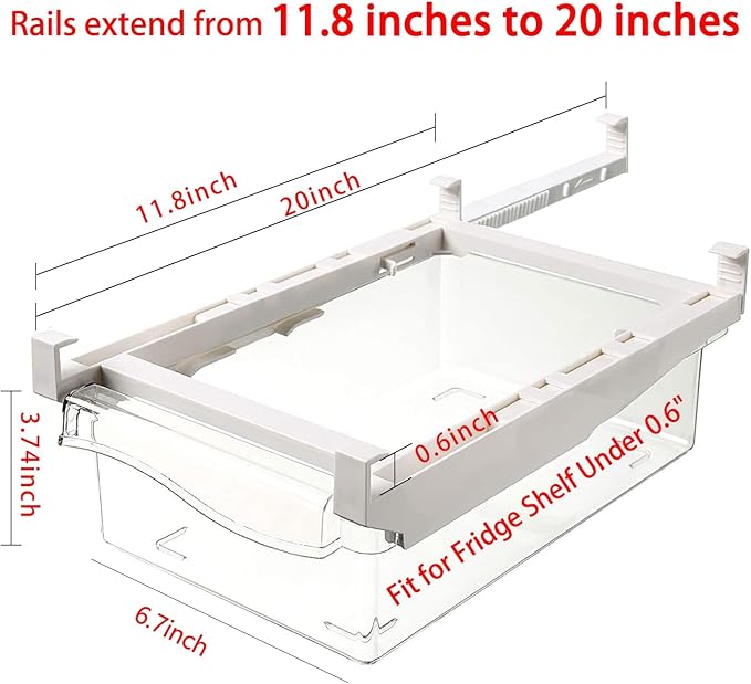URALFA Fridge Drawer Organizer, Adjustable Refrigerator Drawers for Fruit and Vegetable, Pull Out with Handle, Shelf Holder Storage Box, Fit for Fridge Shelf Under 1.1"